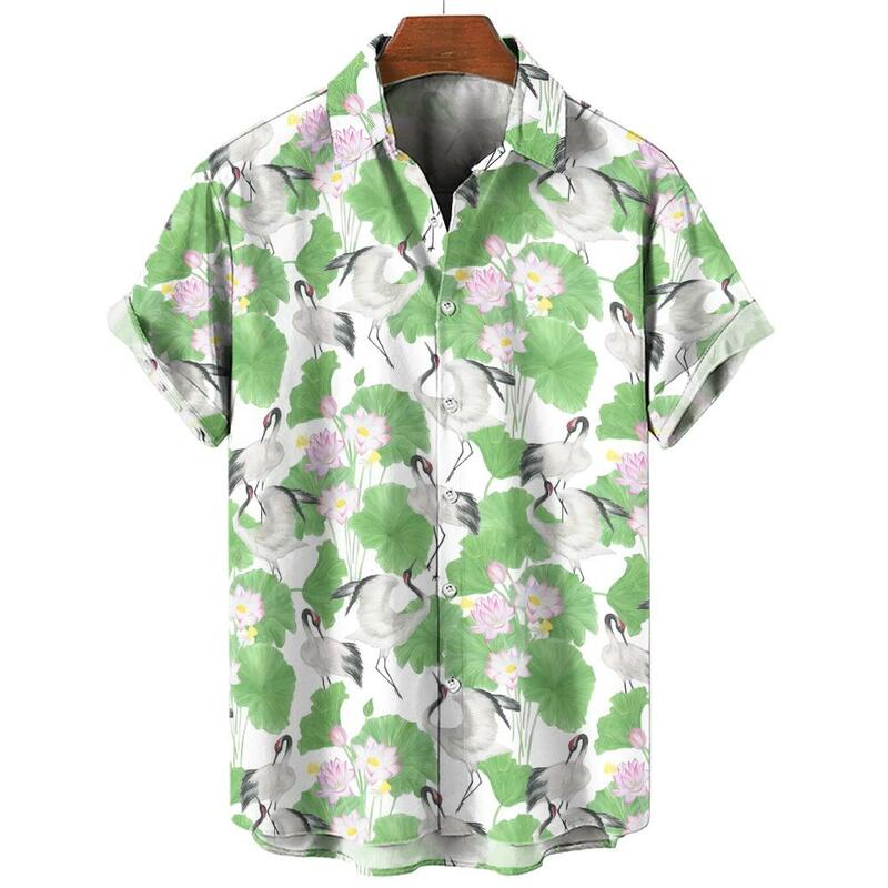 Camisa havaiana de manga curta masculina, camisas de lapela, roupas masculinas de verão, blusa impressa guindaste chinês animal 3D, moda