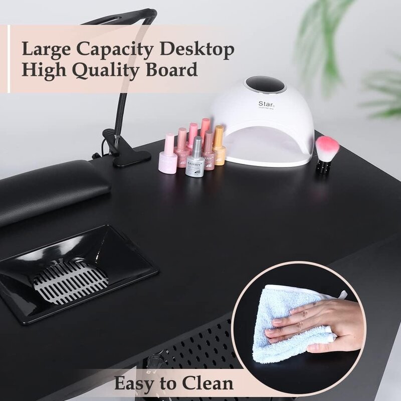 Manicure Nail Desk com coletor de poeira, Prego Mesa para Técnico, Quadro de Ferro com 4 Grandes Gavetas, Lâmpada LED