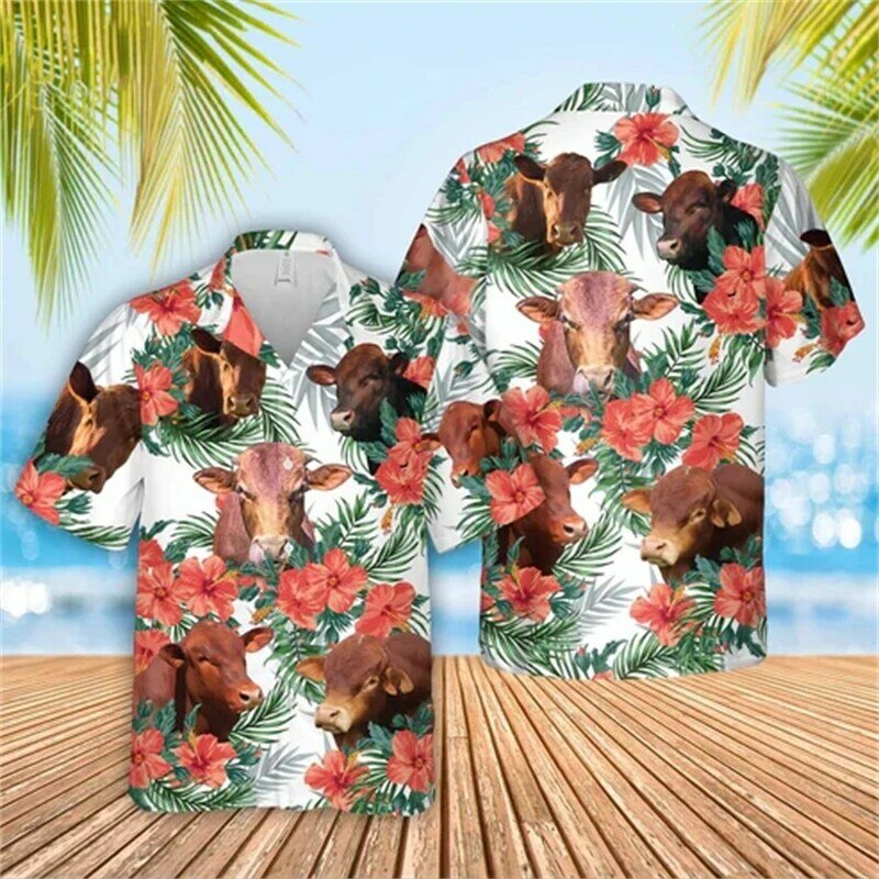 Camisa havaiana de manga curta masculina, camisas masculinas de flores, estampa 3D Animel, tops de moda praia, blusa 6XL