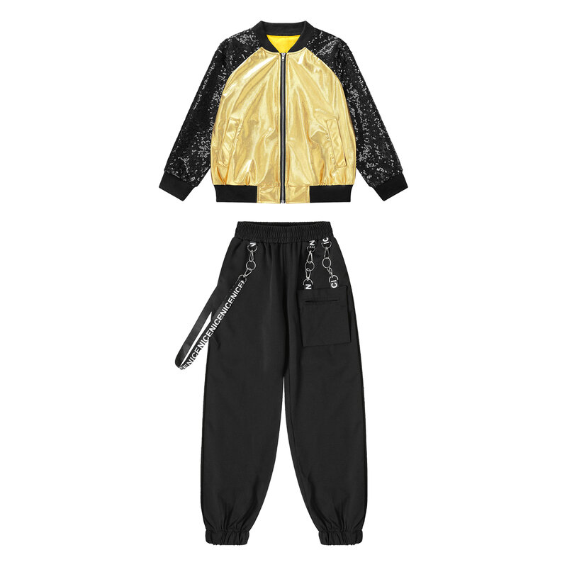 Dzieci Hip Hop Jazz Dancewear metaliczny kurtka z długim rękawem z cekinami + spodnie dresowe strój dla taniec uliczny kostium sceniczny