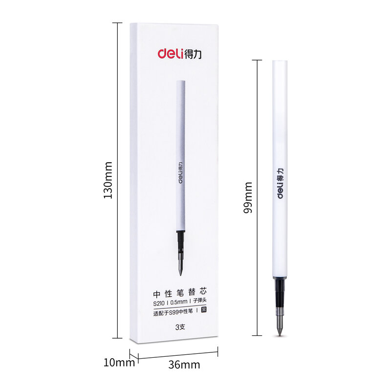 3PCS/BOX Deli S210 0.5mm Bullet Head Neutral Pen Core Gel Pen Refill Black Color 99mm Pen Refill Fit Deli S99 Gel Pen