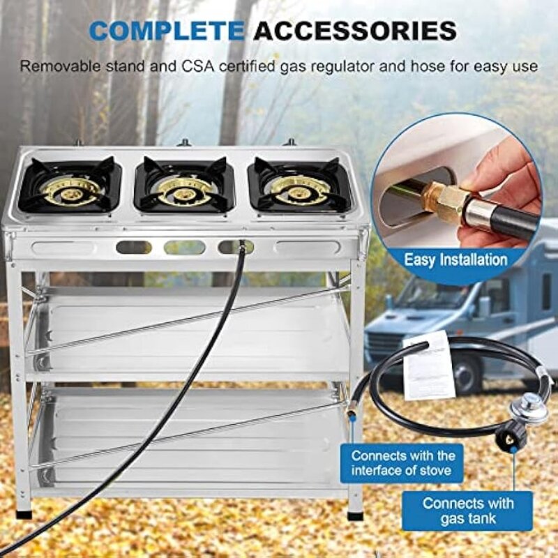 Propane Gas Stove 3 Burner Gas Stove with Removable Leg Stand Portable Gas Stove Auto Ignition Camping three Burner LPG