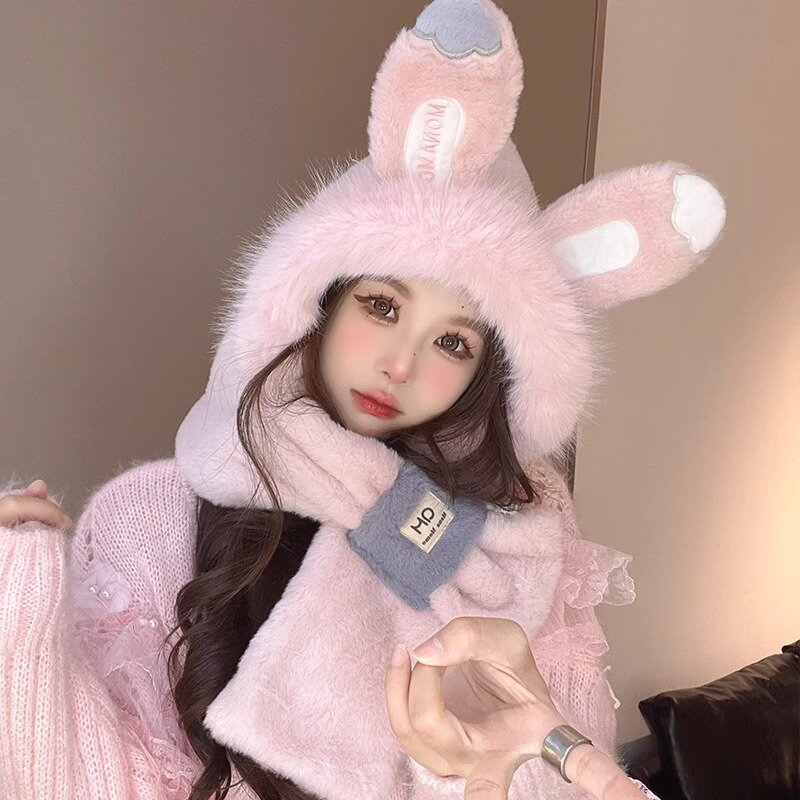 Fashion Sleeve Hat Women Rabbit Ears Plush Scarf  two-piece Cap Winter Outdoor Protection Windproof Thickened Free Shipping Warm