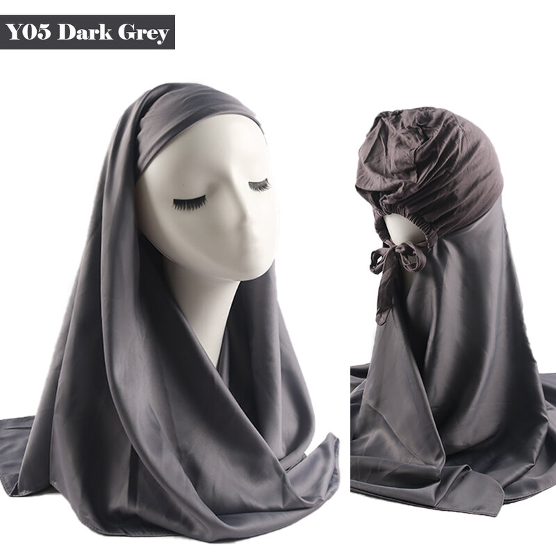 Instant Hijab with Undercaps Square Bawal Matte Silk Satin Scarf for Women and Elastic Underscarf Bonnet 2 In 1 Muslim Islam