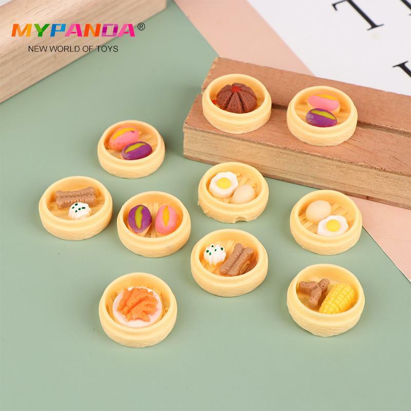 10 pezzi di case delle bambole in miniatura cibo realistico cinese Dim Play finta giocattoli cucina accessori per la decorazione del vapore