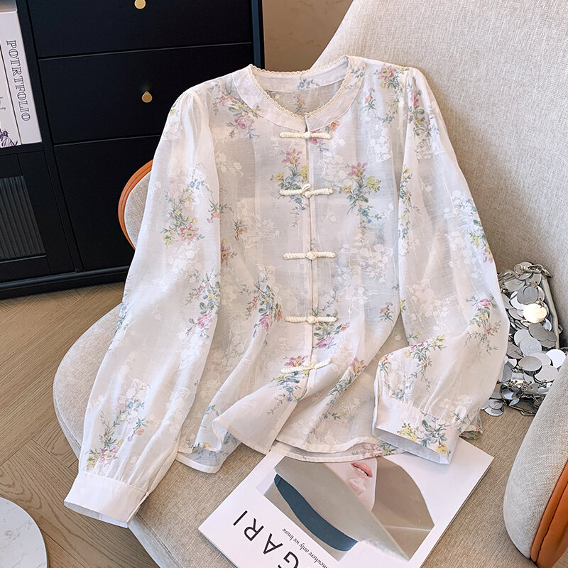 Nowy chiński styl kwiatowy haft zapinana koronki koszula patchworkowa 2024 kobiet lato delikatny Temperament cienki stylowy koszula