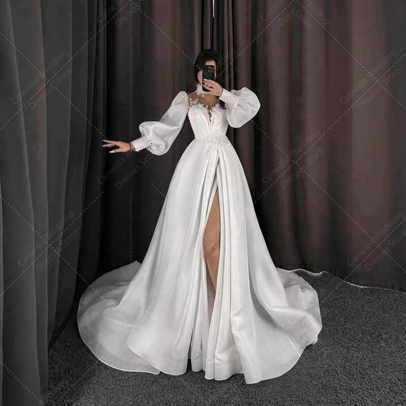 Luksusowe damskie sukienki ślubne z koronkową aplikacją z rozcięciem seksowna strona satynowe suknie panny młodej formalne eleganckie Vestidos De Novia