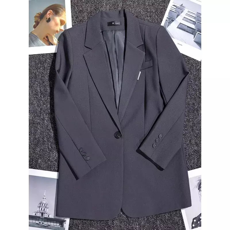 Gray Coffee Black Women Loose Blazer Coat Female Long Sleeve Single Button Straight Formal Jacket For Office Ladies Work Wear