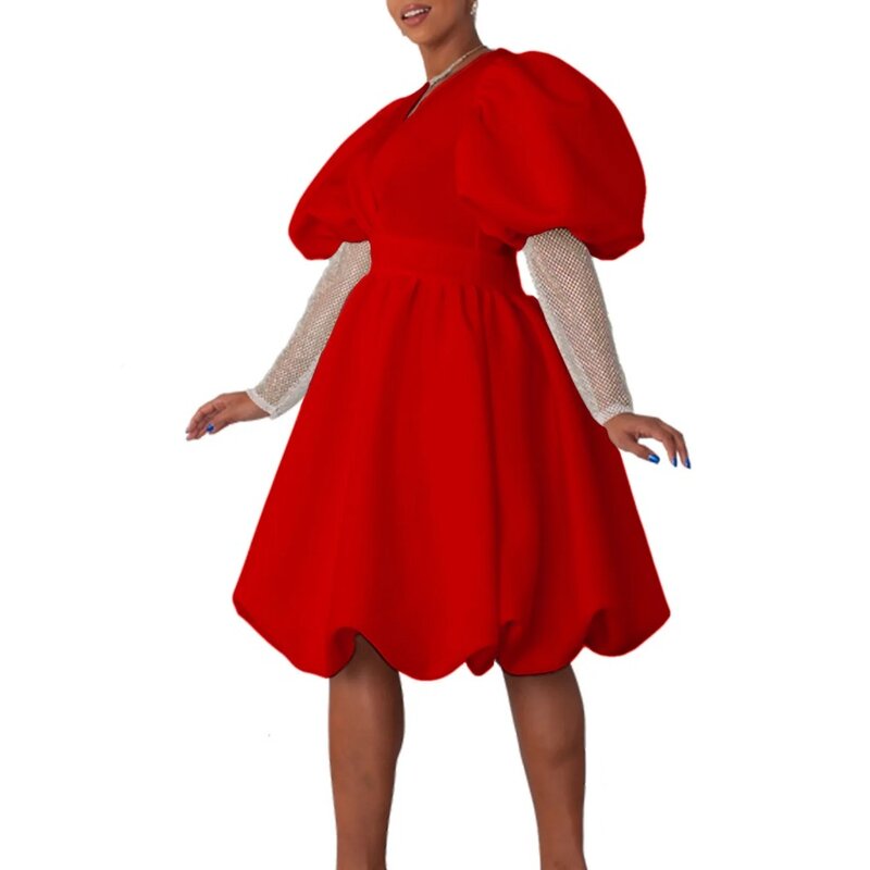 Elegante vestido de fiesta de boda africano para mujer, manga larga, cuello en V, poliéster, blanco y rojo, ropa de noche de verano, 2024