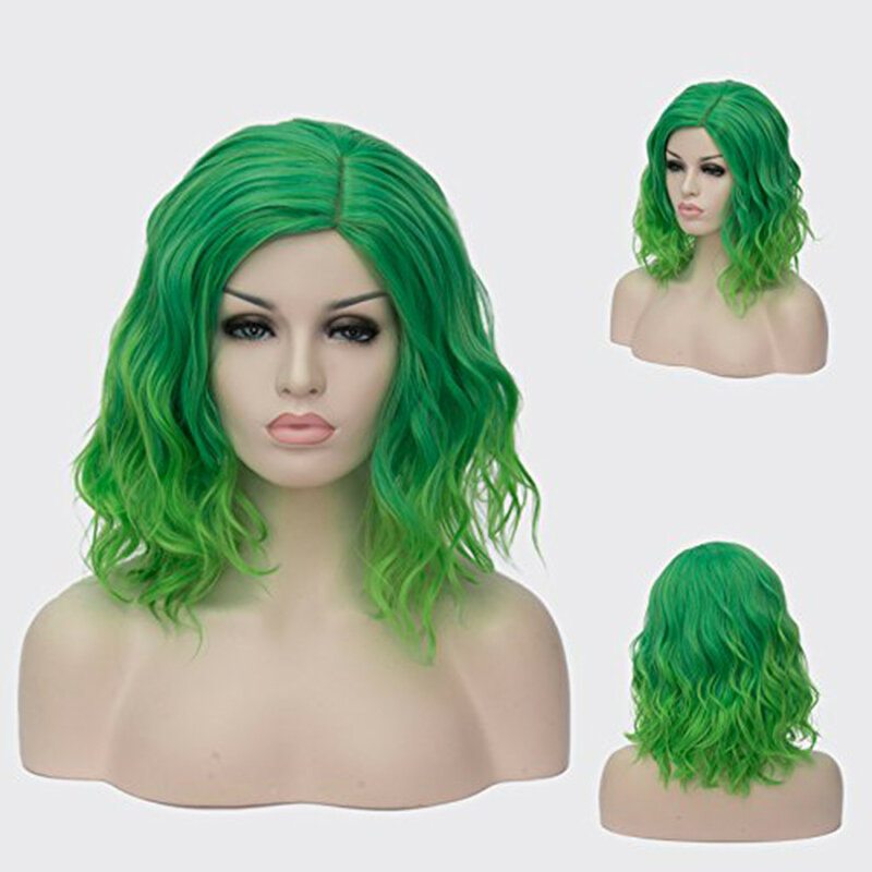 Peruca sintética de cabelo ondulado no ombro para mulheres, cosplay verde, parte lateral, resistente ao calor, roupas diárias, perucas de festa combinando