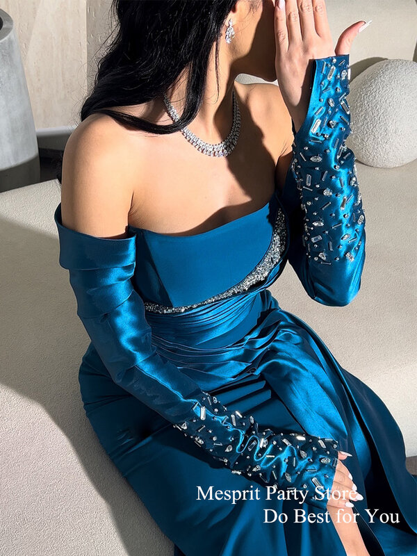 Mesprit Blue Evening Dress Beads Long Sleeves Boat Neck Pleat Ankle Length Mermaid Formal Party Gown Custom Prom Dresses