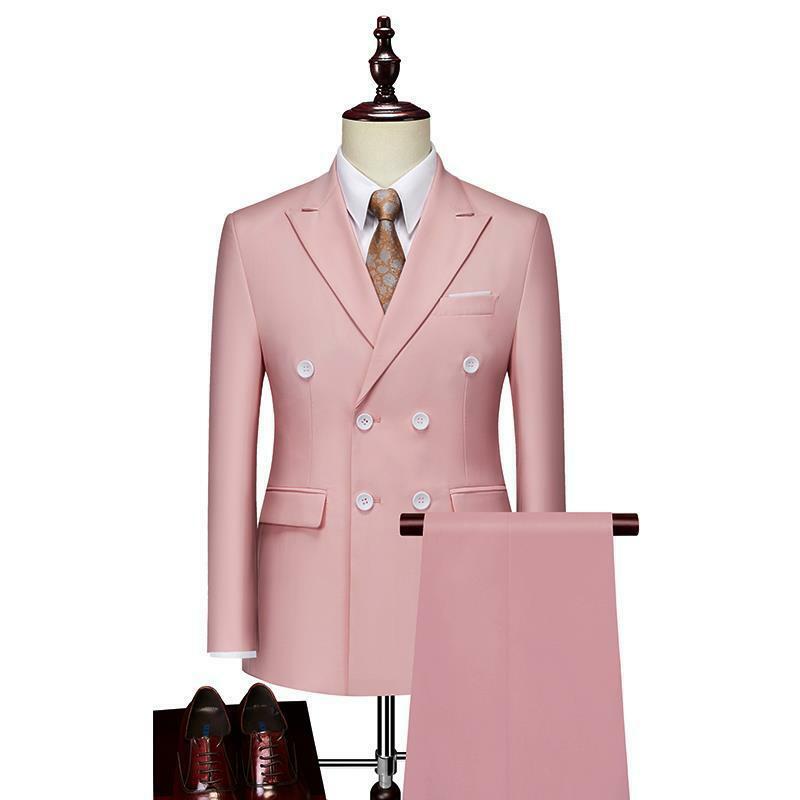 Conjunto de terno monocromático trespassado masculino, conjunto casual empresarial, jaqueta com calça, adequado para banquete de casamento, 2 peças