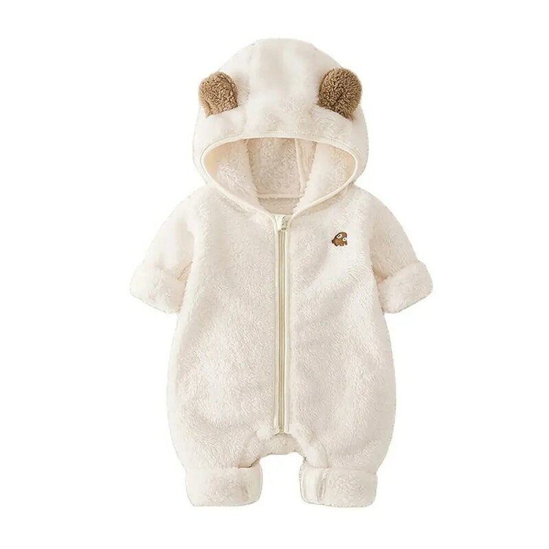 Spring and Autumn Newborn Fleece Romper Cartoon Solid Color Jumpsuit Cute Baby with Hoodie and Crawling Suit