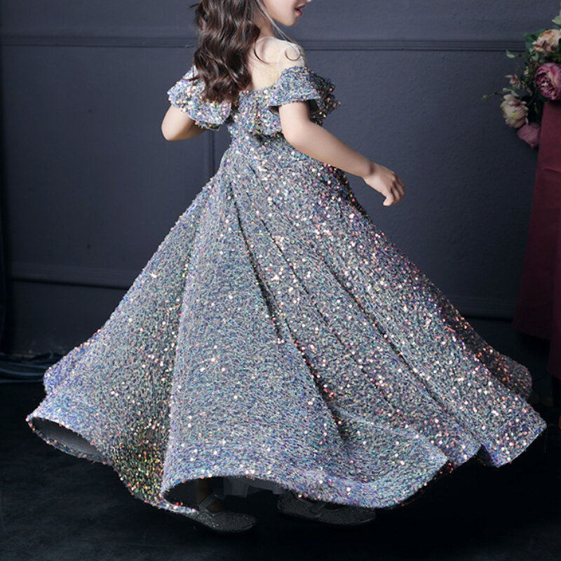 Exquisite Luxus Shinny Mesh gespleißt O-Ausschnitt Abendkleider Slash Rüschen schlanke Taille Vestidos unsichtbaren Reiß verschluss Blumen mädchen Kleid