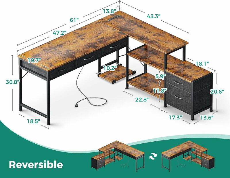 L Shaped Computer Desk with Fabric Drawers and File Cabinet, 61" Reversible Home Office Workstation Desk with Power Outlets
