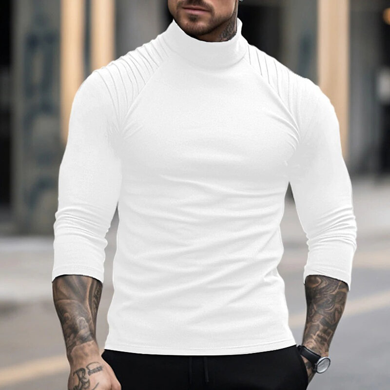 Mens T-Shirt Slight Stretch Slim Fit Solid Color Casual Fashion Fitness Shirts Fold T-Shirts High Collar Long Sleeve