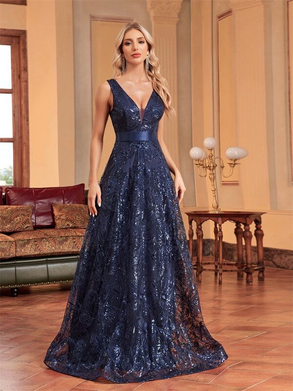 Lucyinlove luksusowa seksowna z głębokim dekoltem w serek z cekinami niebieska suknia wieczorowa kobiet elegancka suknia koktajlowa na przyjęcie weselne w kształcie litery V