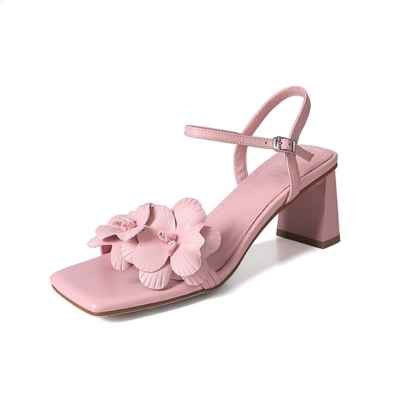 Sandales vintage argentées/roses, faites à la main, fleurs 3D, blanches, françaises, 2024 cm, sandales de plage ouvertes, chaussures à jupe carrée, 34-40, été 6.5