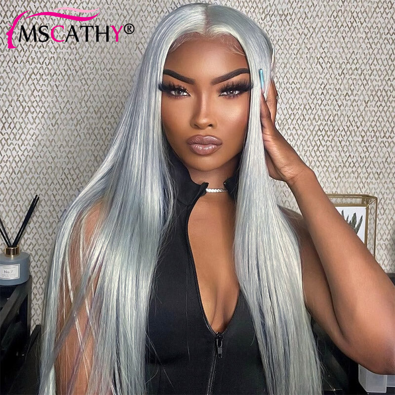 Gray Colored Straight Lace Front Wig Brazilian Body Wave Human Hair Wigs For Women Silver Grey HD Transparent Lace Frontal Wig