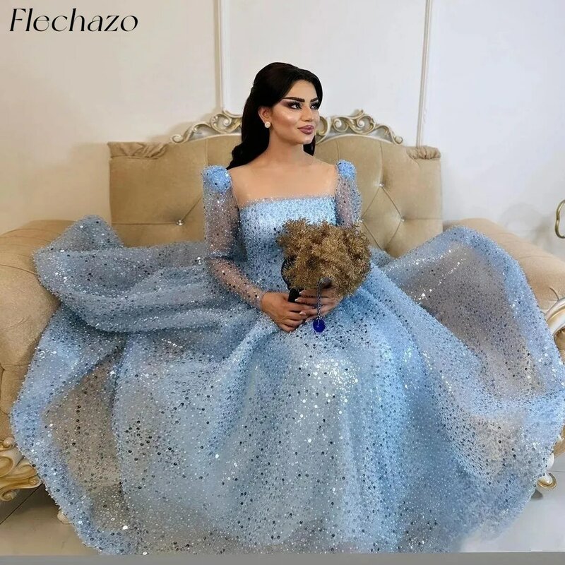 Flechazo Blauwe Galajurken Vierkante Hals Met Lovertjes A-Lijn Enkellange Elegante Verjaardagsfeestjurk Voor Dames 2024 Vestidos De Noche