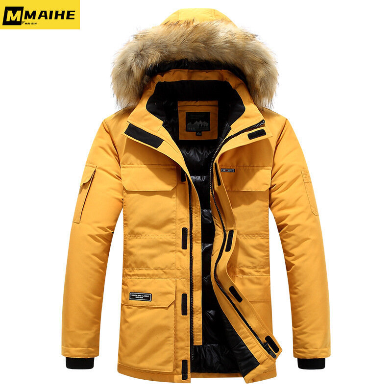 男性用ホワイトダックダウンジャケット、防風フード付きコート、マルチポケット、暖かい、毛皮の襟、-30度のパーカー、冬