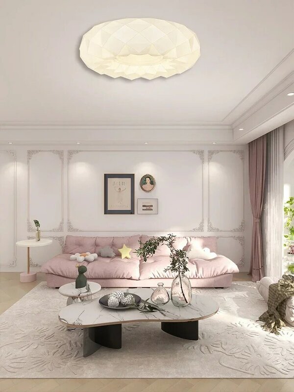 円形クリーム風シーリングライト、シンプルな白い幾何学的なホールライト、北欧のクリエイティブなデザインの寝室ライト