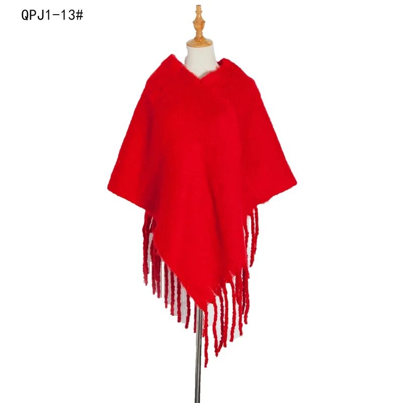 Mantel wanita benang Loop musim semi musim gugur, mantel Pullover ponco hangat rumbai tebal mantel merah
