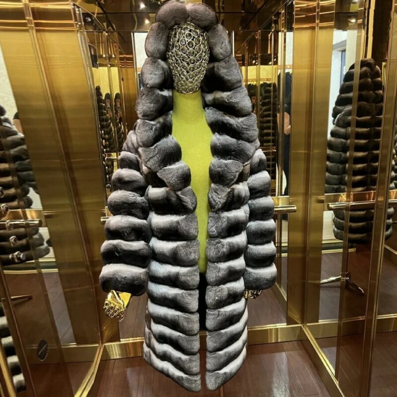 Casaco de pele real com capuz, casaco longo, jaqueta genuína de pele de coelho Rex, Luxo, Best-seller, Inverno, 2022