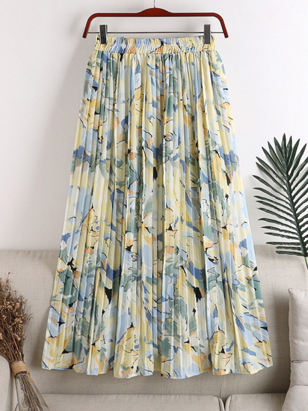 UCXQ Floral Skirts Elegant High Waist Thin Medium Long Chiffon Printed Pleated Long Skirt For Women 2024 New Spring Summer R1165