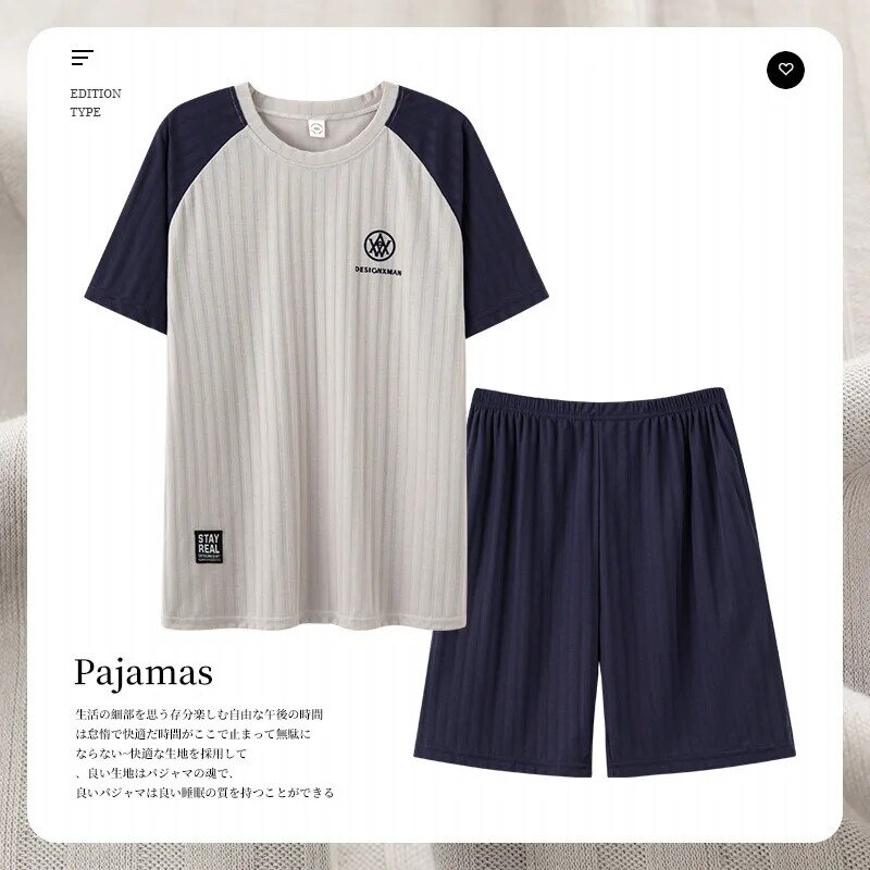 Summer Knitted Cotton Short Sleeved Men's Pajamas Sets Male Pajama Set Man Sleepwear Suit Homewear Size 4XL 5XL Home Clothes