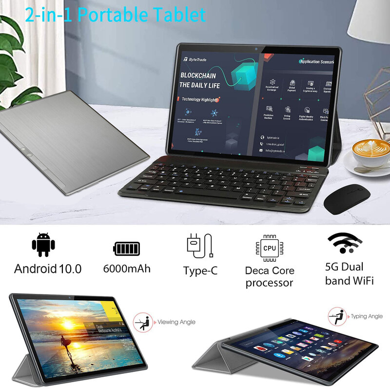 Tableta 4G LTE de 10 pulgadas con Android 128 y teclado BT, Tablet de 10 núcleos con 8GB de RAM y 10,0 GB de ROM, WIFI 5G, diez núcleos, versión alta