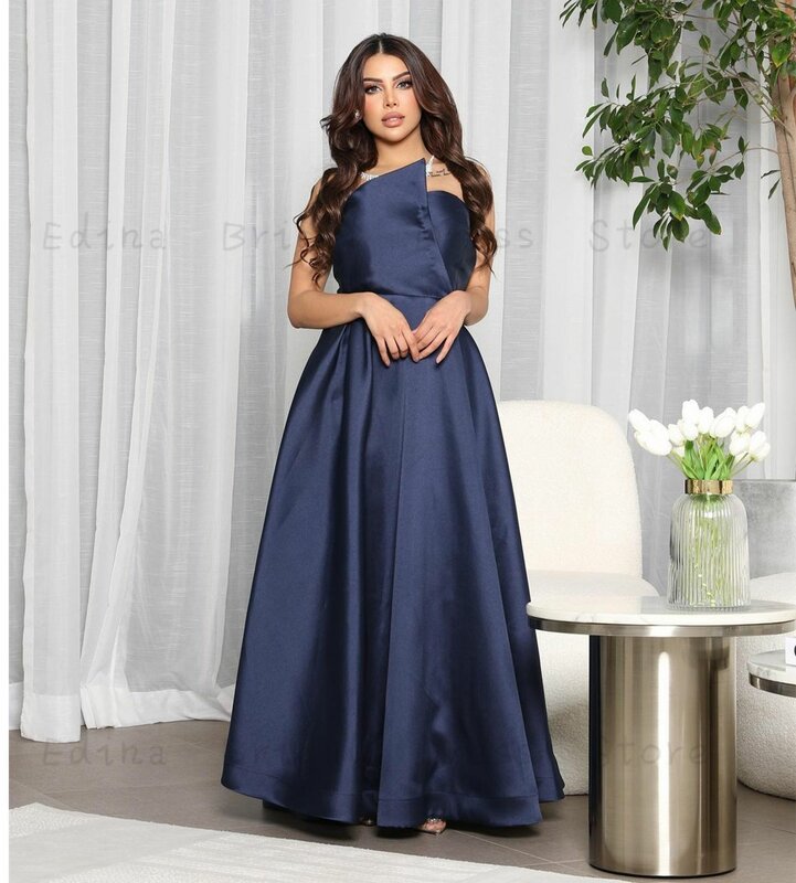 Темно-синее атласное платье с фестонами для выпускного вечера для женщин, вечернее длинное ТРАПЕЦИЕВИДНОЕ официальное платье с плиссированной спинкой