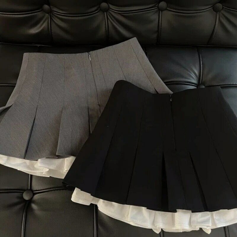 Y2k черная мини-юбка с оборками, женские юбки со складками, японские кавайные универсальные трапециевидные юбки с высокой талией, новые юбки
