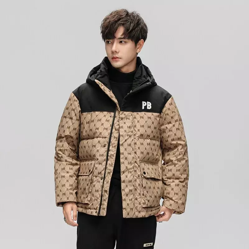 Winter Men's hooded Down Coat Thickened White Duck Down Warmth Printed Trendy Casual Fashion Windproof Men's Jacket