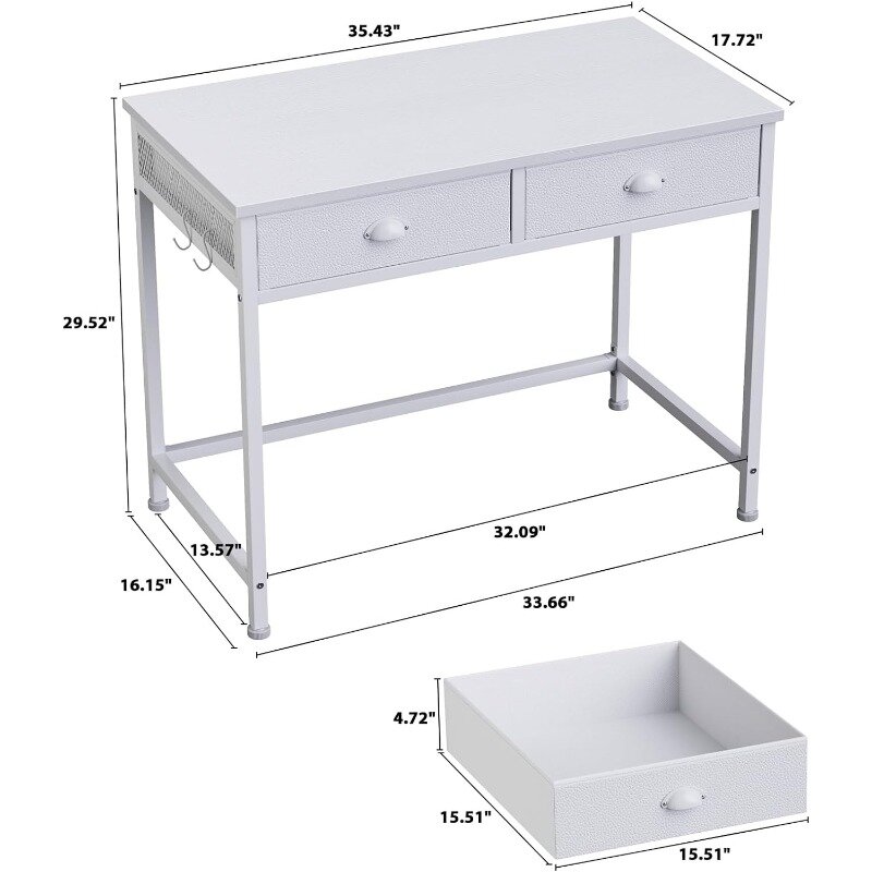 Małe biurko komputerowe z 2 szufladami z tkaniny, 36-calowe minimalistyczne biurko do domowego biura, komoda z haczykami, stół do nauki do sypialni