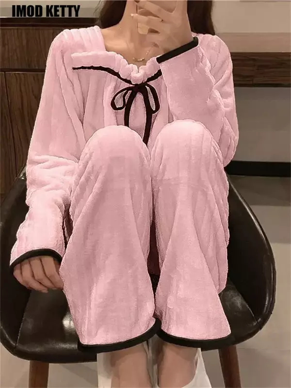 Freizeit Tragen Homewear Nachthemd Weibliche CoralFleece Pyjamas Sets Für Frauen Herbst Winter Dicke Warme Süße Nette Nachtwäsche Flanell