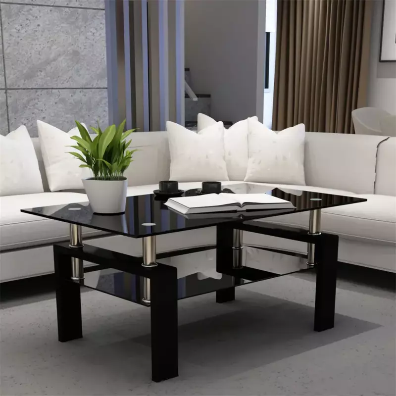 Tavolino rettangolare in vetro temperato/legno gambe in tubo metallico 2 strati tavolino laterale tavolo centrale Set di mobili per soggiorno
