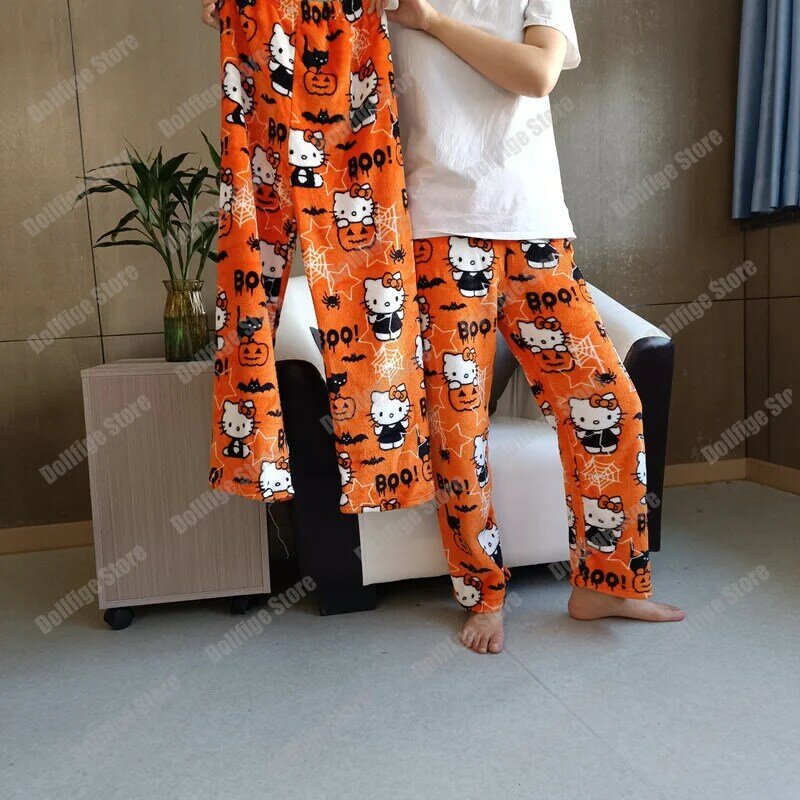 2023 Sanrio Hallo Kitty Pyjama Halloween Flanell Mode Hosen Frauen Kawaii Wolle Anime Cartoon Casual Home Hosen Herbst