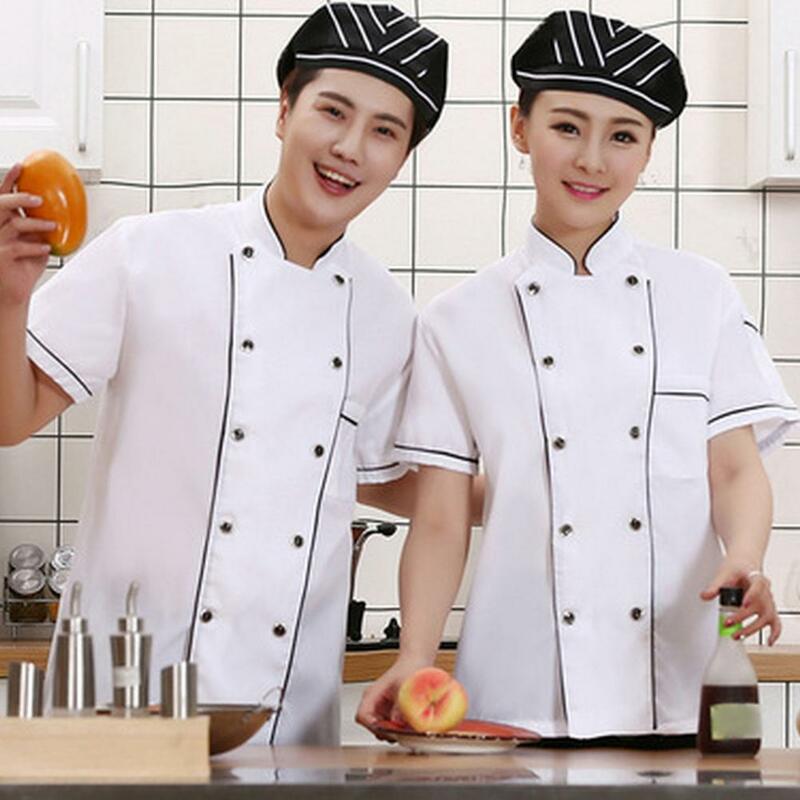 Chef Uniform Double-breasted Short Sleeve Unisex Stand Collar Stain-resistant Loose Cook Kitchen Bakery Restaurant Waiter Top