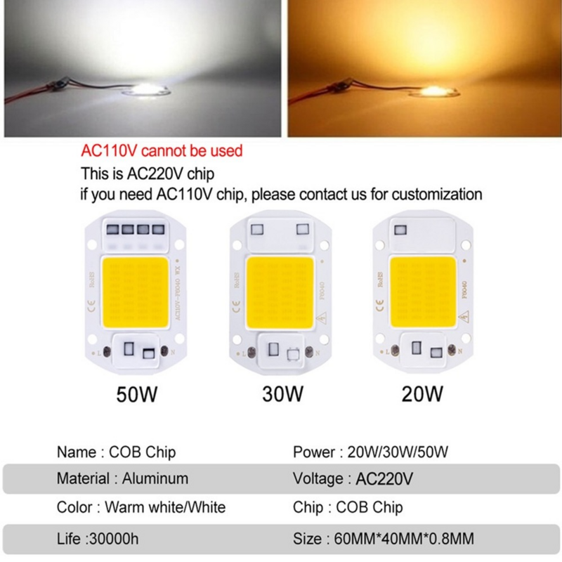 1/PCS ชิป COB 10W 20W 30W 50W 220V สมาร์ท IC LED ไม่จำเป็นต้องไดร์เวอร์3W 5W 7W 9W หลอดไฟ LED สำหรับไฟน้ำท่วม Spotlight Diy แสง