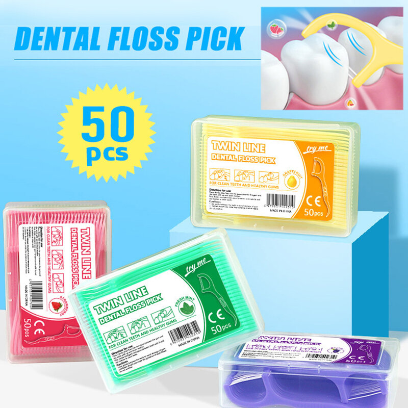 Set tusuk gigi benang portabel, 50 buah/boks rasa buah warna-warni benang gigi pembersih gigi dengan tabung penyimpanan