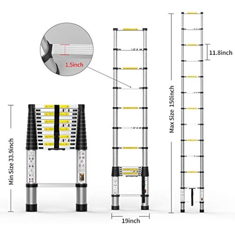 Escalera de extensión telescópica de aluminio con bolsa de transporte para uso en interiores y exteriores, larga vida útil, 12,5 pies