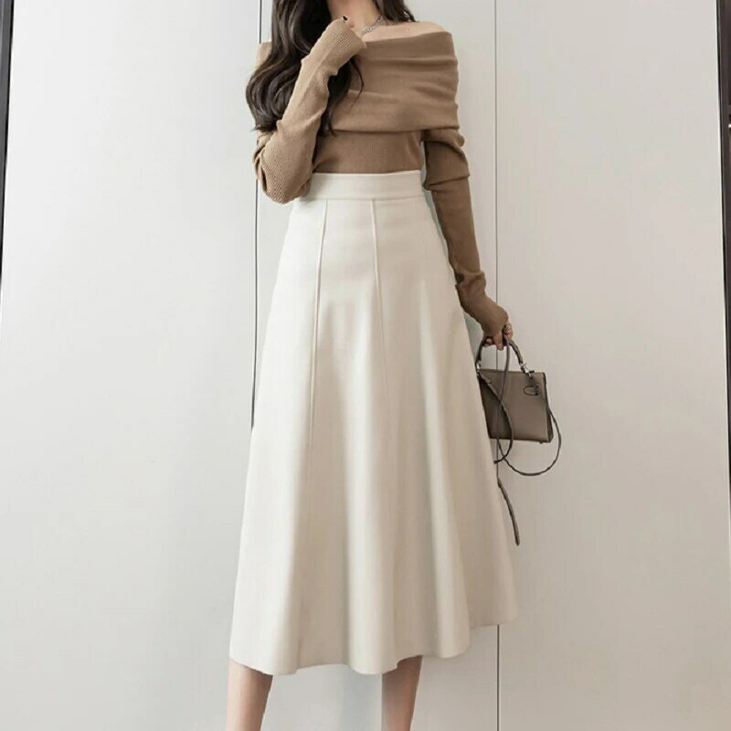 Wisher & Tong-falda de cuero sintético para mujer, faldas de estilo coreano de cintura alta, color negro, ropa femenina, otoño e invierno, 2021