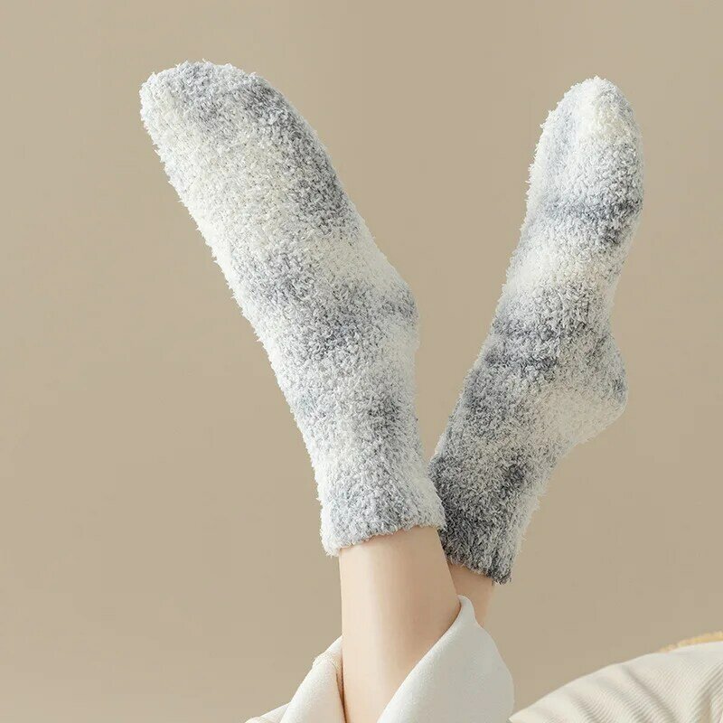 Новые носки из кораллового флиса tie-dye, утепленные носки для домашнего сна, длинные зимние теплые носки до середины икры с двумя полосами