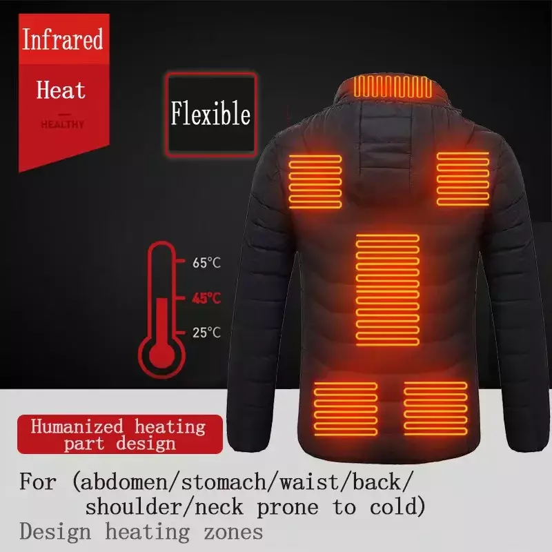 9 strefowa inteligencja USB kurtka ocieplana elektryczna mężczyźni kobiety Sport na świeżym powietrzu ciepłe zimowe ubrania płaszcz z kapturem z długim rękawem
