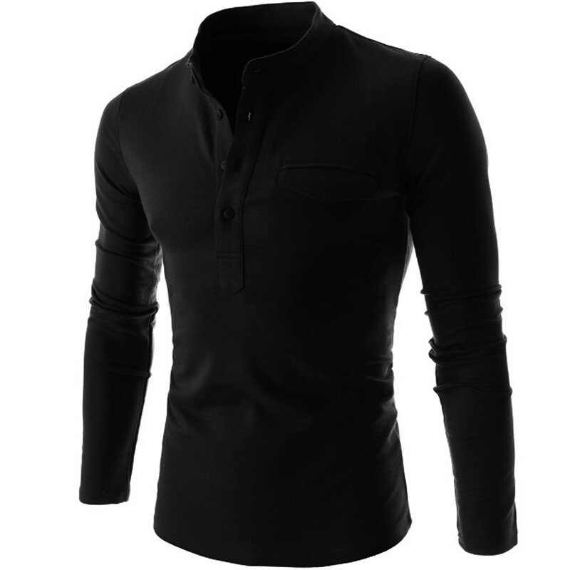 Casual Warm Men's Buttons Stand Henley Neck T-Shirt Elastic Long-Sleeve Solid Color Slim Fit Pullover Tops T-Shirts Man Clothing