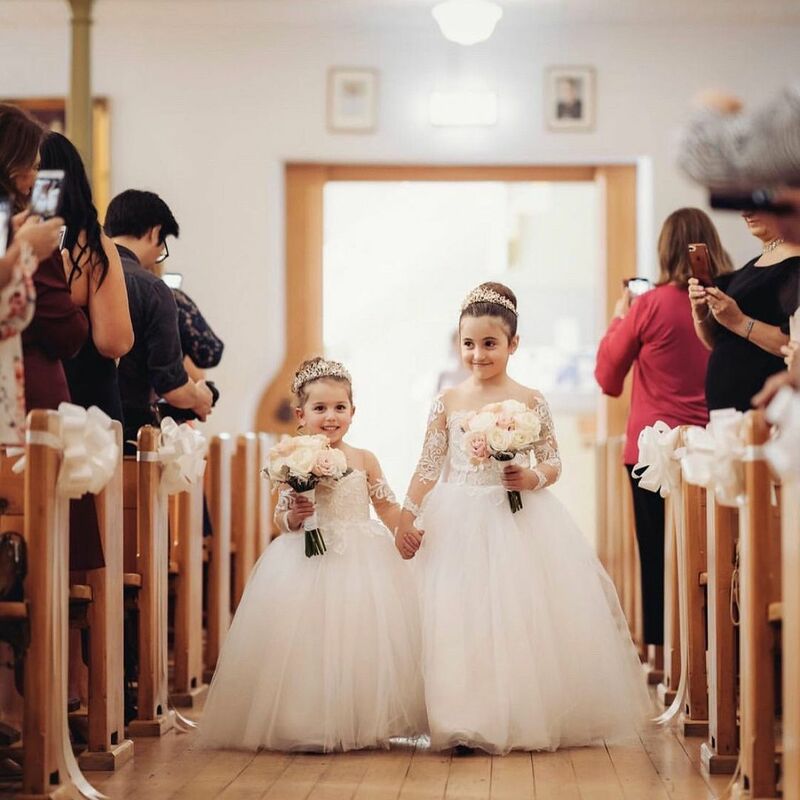 Gaun Anak Perempuan Bunga Anak-anak Renda Gading untuk Pernikahan Gaun Pesta Putri Tule Lengan Panjang untuk Anak Perempuan Gaun Komuni Suci Pertama