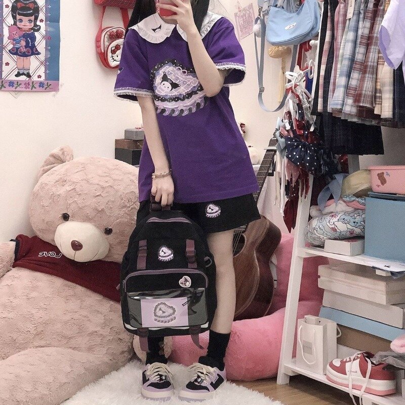 Mbti กระเป๋าเป้แฟชั่น Kuromi ผู้หญิงกระเป๋าเป้ไนลอนสีดำสไตล์ญี่ปุ่นนักเรียนน่ารักสวยงามกระเป๋าความจุขนาดใหญ่แบบดั้งเดิมใหม่