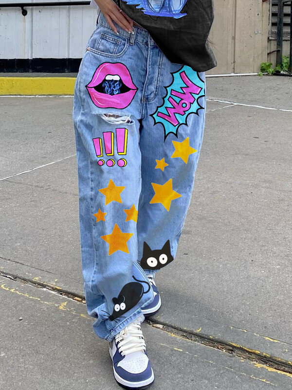 Fashionable Retro Cartoon Printed Straight Jeans Female 2024 Spring and Autumn Street Style Ripped Denim Trousers for Women