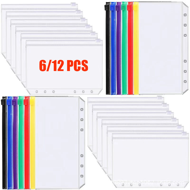 Binder Zipper Folders para 6-Ring Notebook Binder, impermeável, PVC, bolsa de folhas, documentos de arquivamento sacos, A6, 6pcs, 12pcs